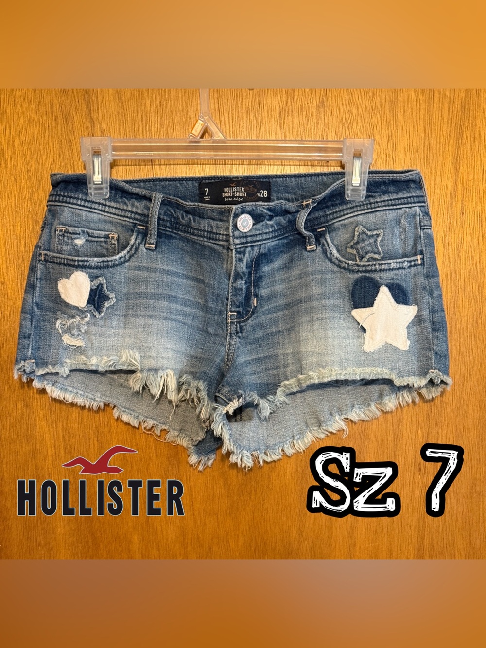 Hollister Faded Blue Distressed Stretch Denim Jean with Star & Heart Patches 7